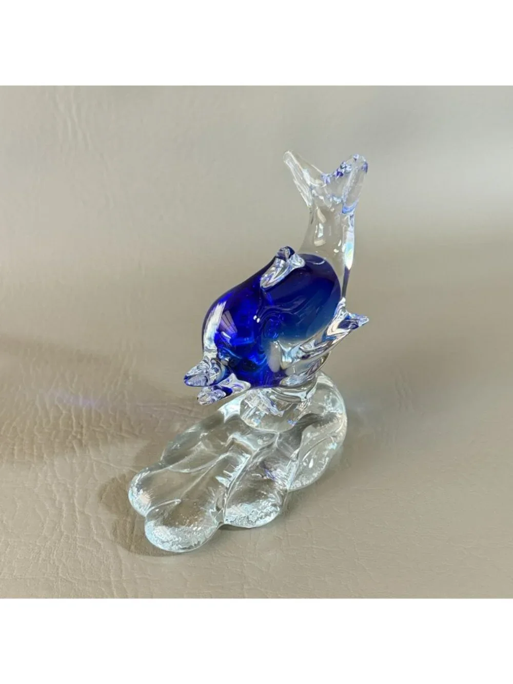 Retro Cobalt Blue Encased Glass Dolphin Figurine Abstract Wave Paperweight